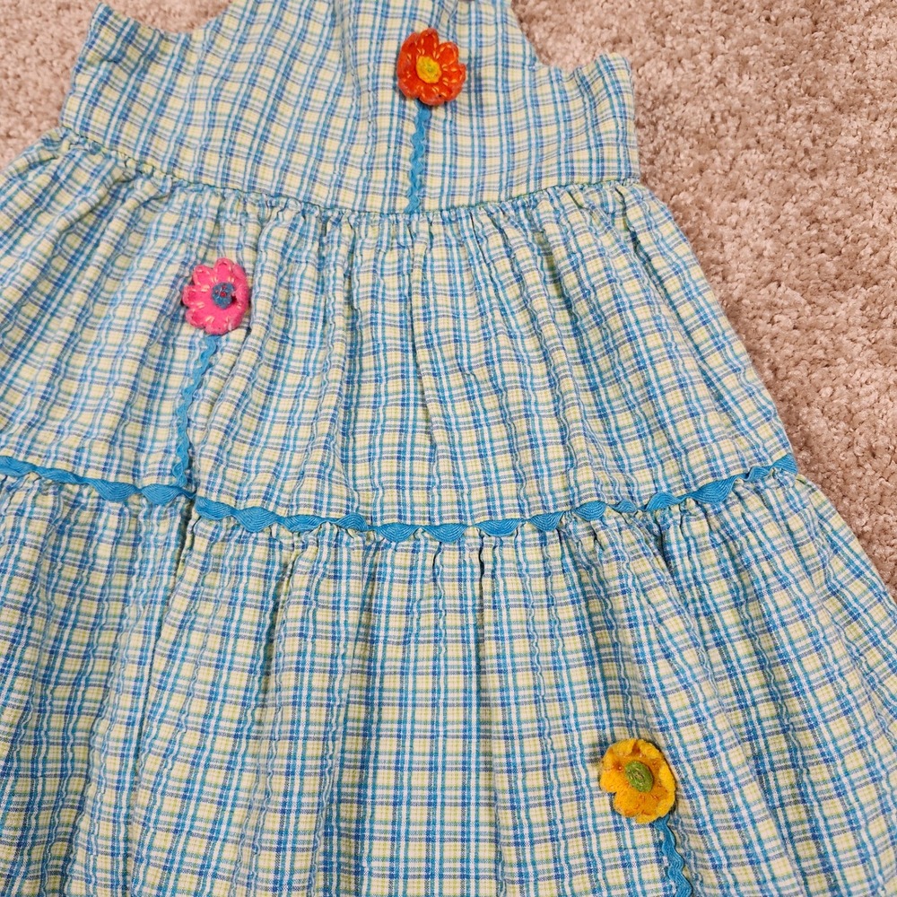 Sweet Potatoes Vintage Toddler Girls Blue Plaid Seersucker Flower Dress 3T USA - Picture 2 of 9